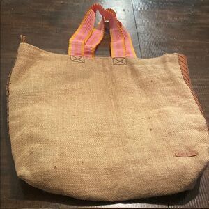 Dutzi large vintage burlap tote Pink and Orange Handles